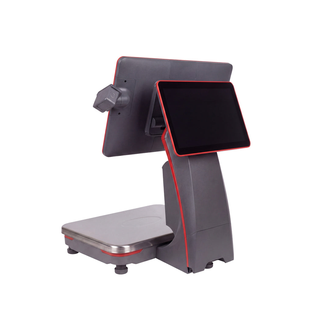 Báscula Tael, vista trasera con pantalla de cliente y escáner